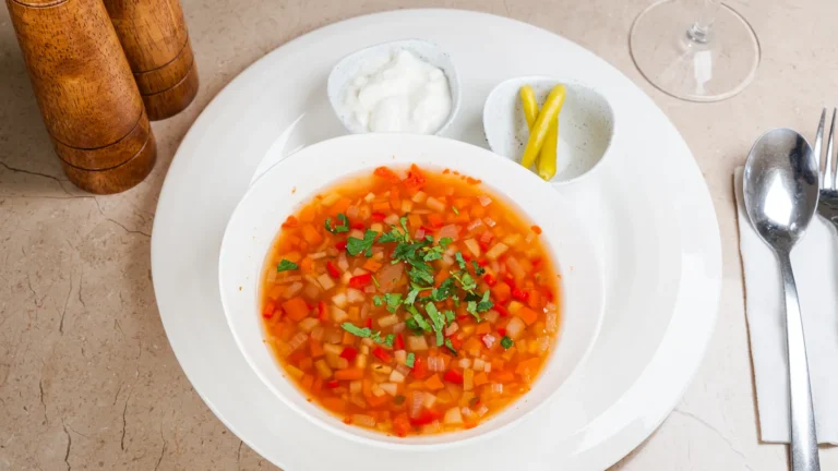 Ciorbă de văcuță – pulpă de vită, ceapă, morcov, păstârnac. Preparat servit la Restaurant Intim din Focșani