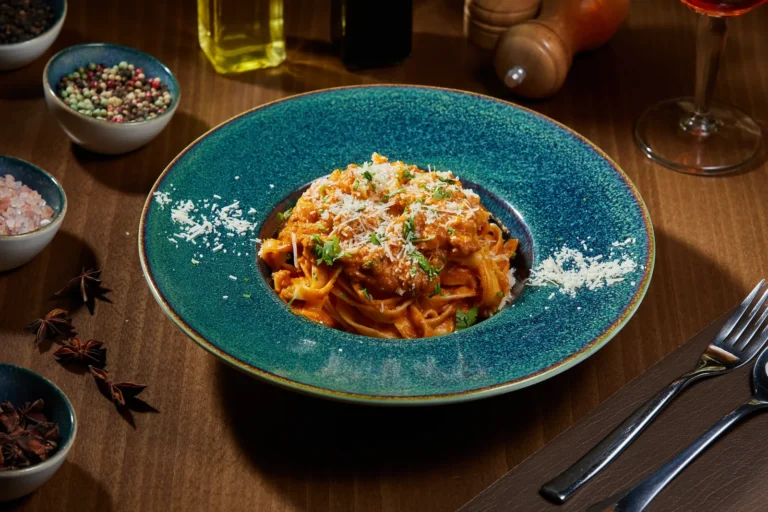 Tagliatelle Bolognese – tagliatelle, ragu de vită-porc, sos de roșii, busuioc. Preparat servit la Restaurant Intim din Focșani
